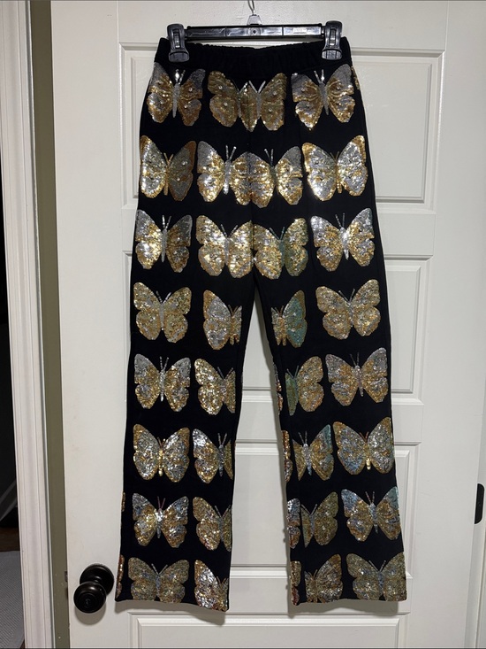 QUEEN OF SPARKLES Pants - QUEEN OF SPARKLES Black Joggers with Gold Sequin Butterflies